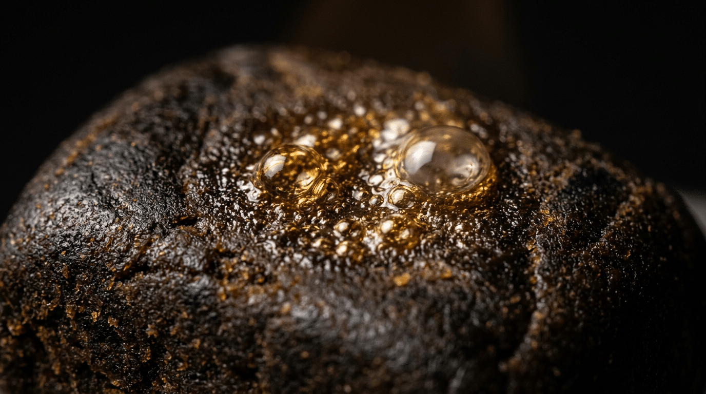Extremes Makro-Foto von aufperlenden, goldgelben Ölbläschen auf der dunklen Harzoberfläche von Haschisch beim Bubble-Test