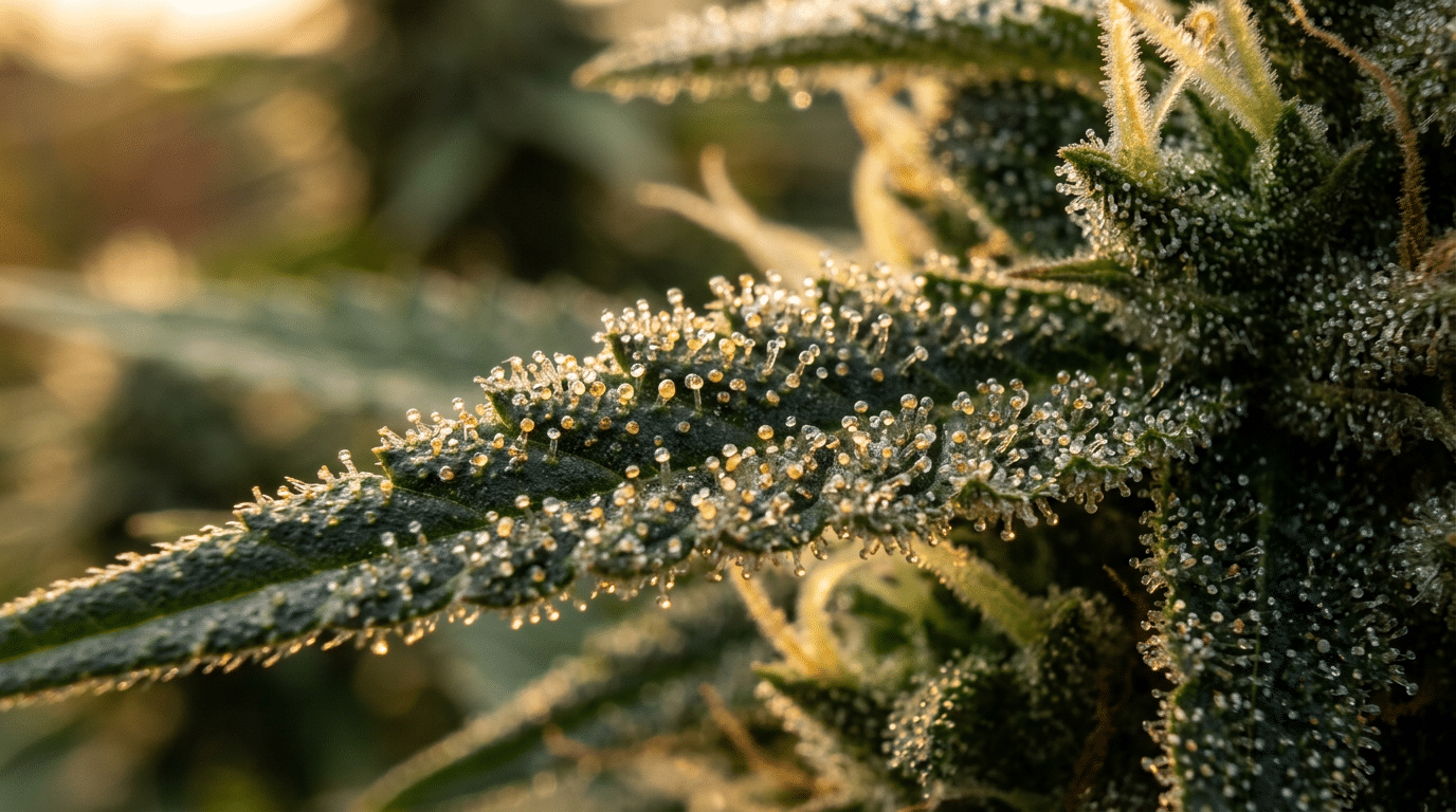 Makroaufnahme von glitzernden Trichomen auf einer Cannabisblüte