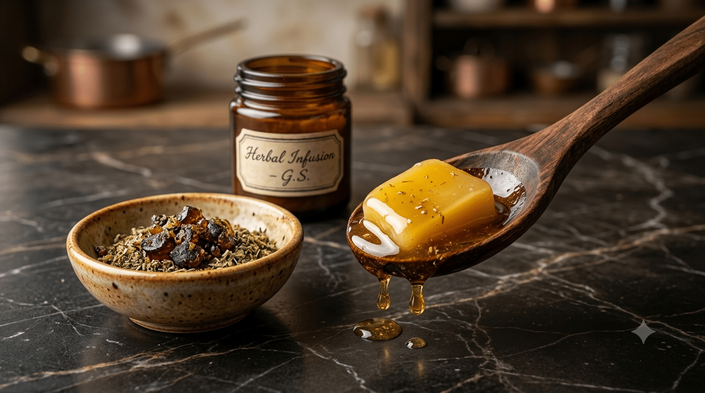 Nahaufnahme von geschmolzener goldener Kräuterbutter auf einem Holzlöffel neben dunklem Harz und Kräutern auf einer dunklen Marmorplatte