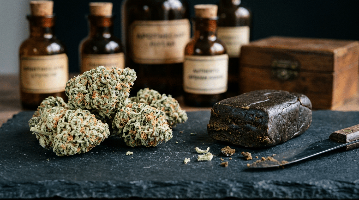 Nahaufnahme von leuchtend grünen CBD-Blüten und dunklem, öligem Afghan-Haschisch auf dunkler Schieferplatte vor unscharfem Apothekerglas-Hintergrund